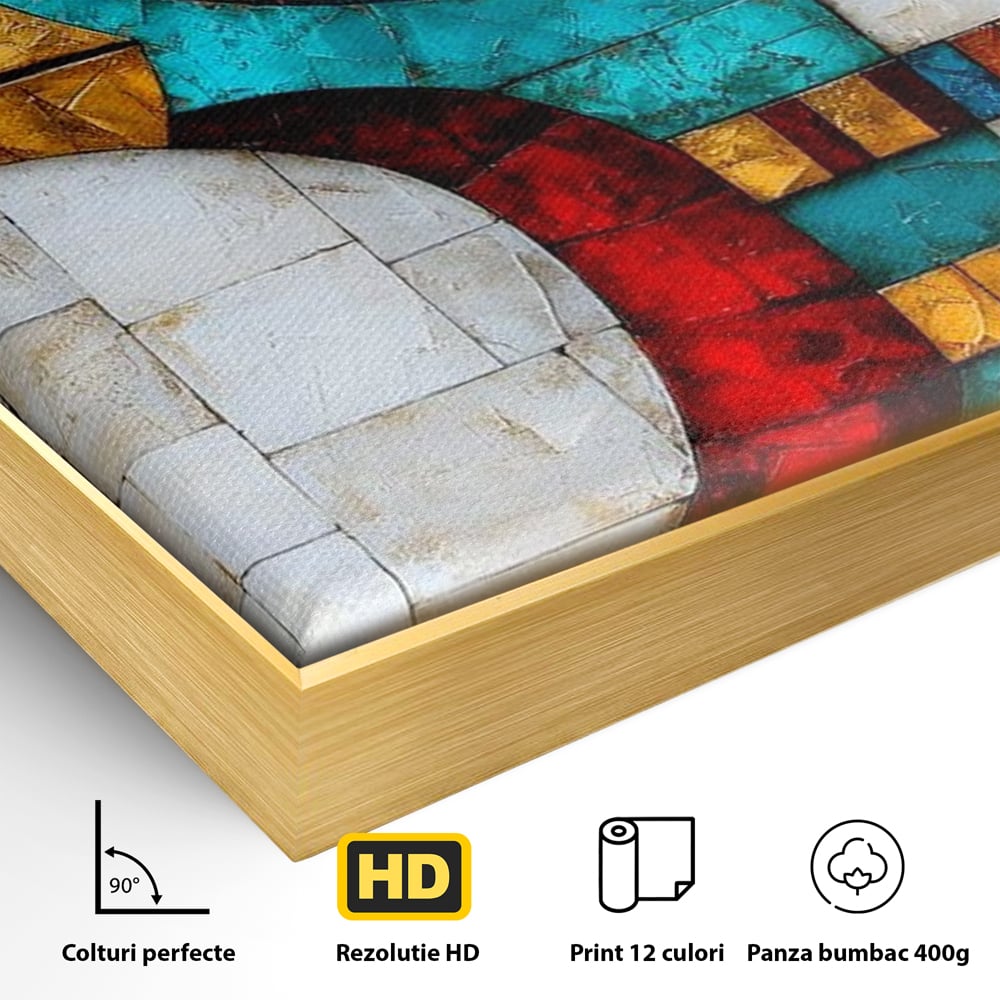 Detaliu al suprafetei: tablou canvas cu mozaic egiptean si ochiul lui horus, in rama de aluminiu auriu
